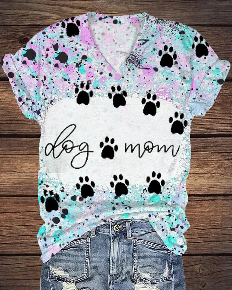Dog Mom V Neck Short Leeve T-shirt