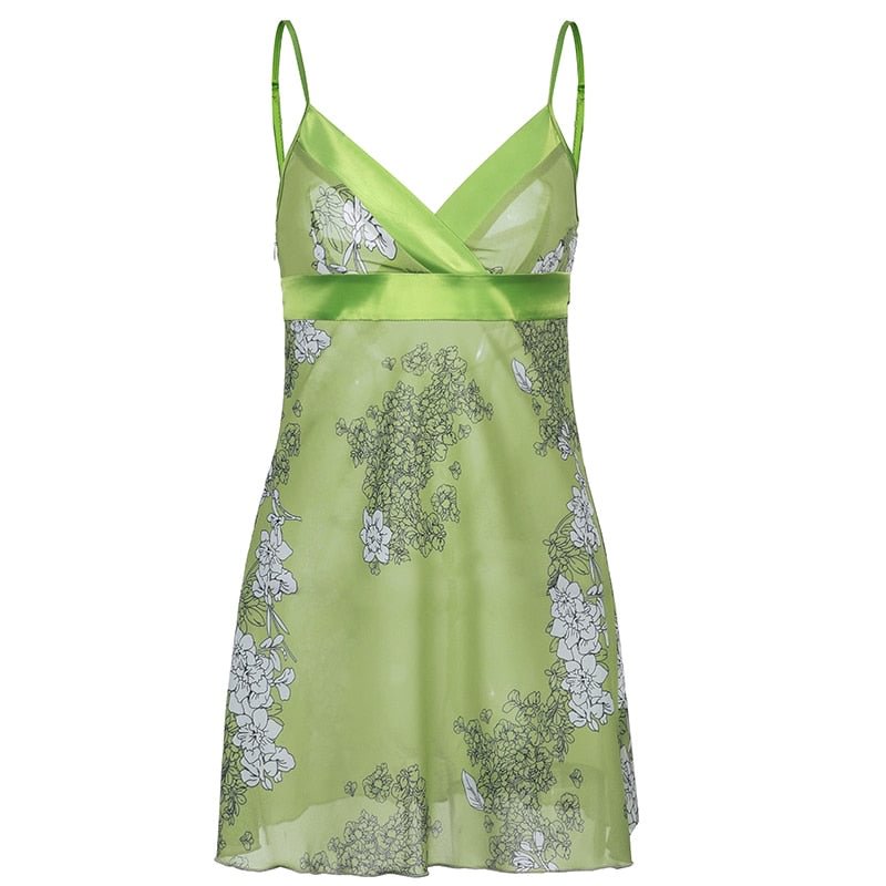 IAMSURE See Through Floral Printed A-Line Cami Dress Sexy Slim Deep V-Neck Sleeveless Mini Dresses For Women 2021 Summer Dress
