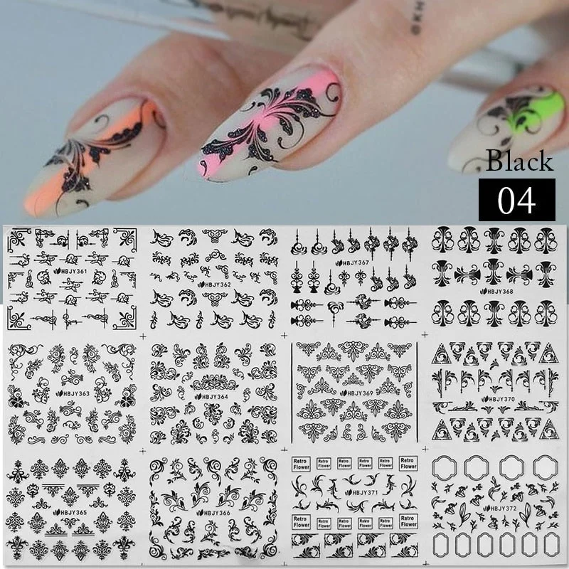 12pcs Flower Leaf Lace 3D Stickers for Nail Decals Mandala Flowers White Black Slider Manicure DIY Nail Art Decoration Tools-Nail Inspo