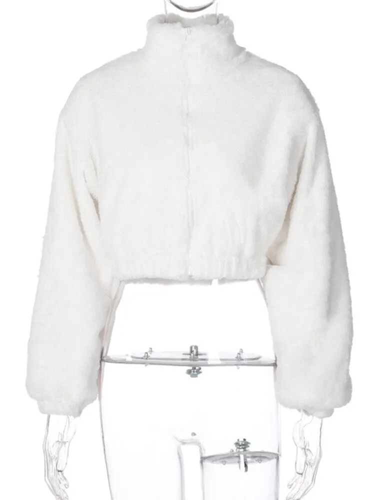 WannaThis Furry Jackets Turn Down Collar Zipper Soft Women's Winter Autumn Thick Fashion Warm Crop Coats Streetwear Outwear 2021