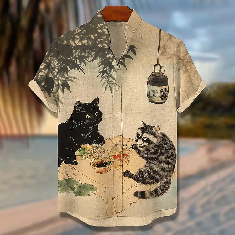Men's A Black Cat And A Raccoon Enjoying A Japanese Meal Print Short Sleeve Shirt