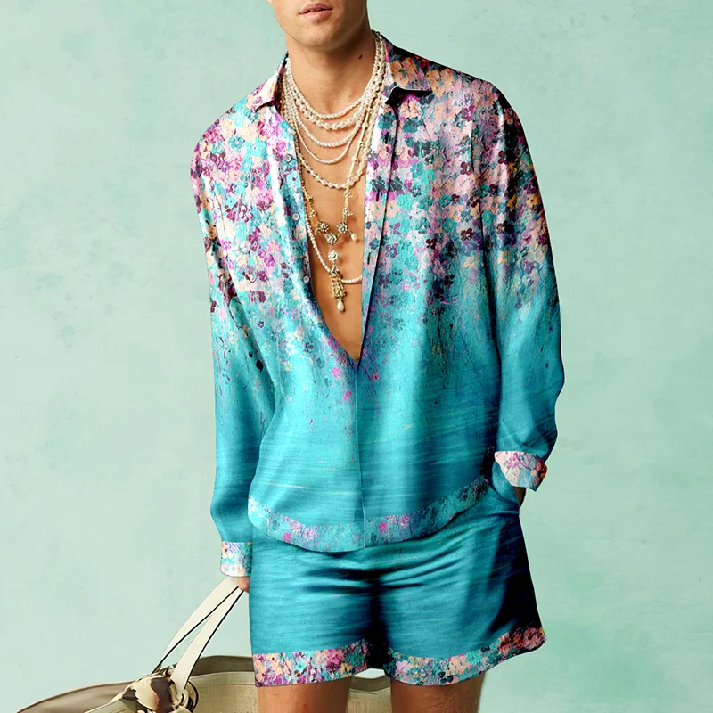 Blue Flowers Art Holiday Print  Shirt And Shorts Co-Ord
