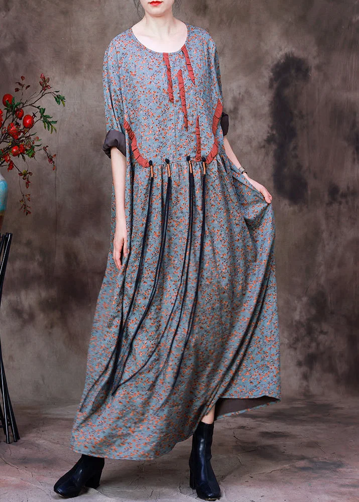 Style O-Neck Print Wrinkled Silk Ankle Dress Long Sleeve