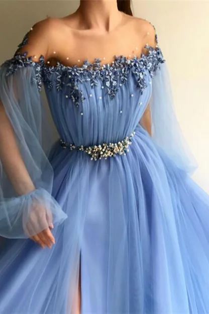 Chic Off-the-Shoulder Long Sleeves Elegant Evening Dresses With Beads