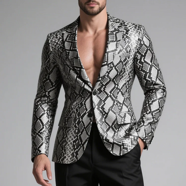 Okaywear PU Leather Snakeskin Pattern Peak Lapel Two Button Blazer 