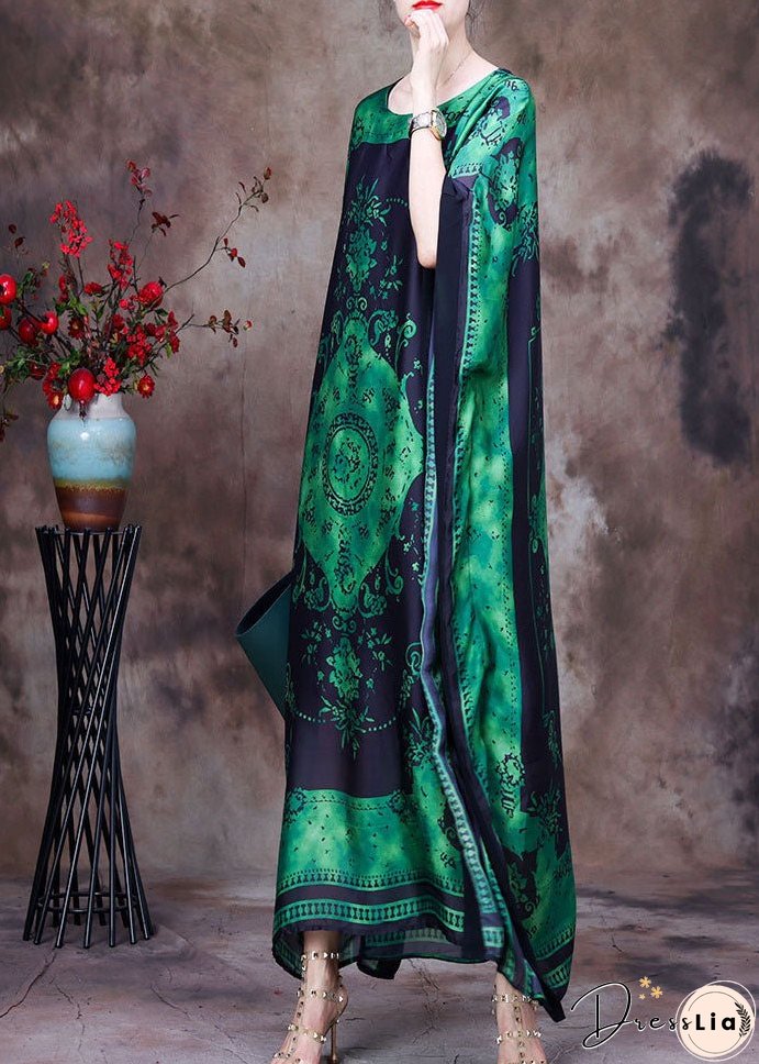 Loose Green O-Neck Asymmetrical Design Print Silk Beach Dress Gown Batwing Sleeve