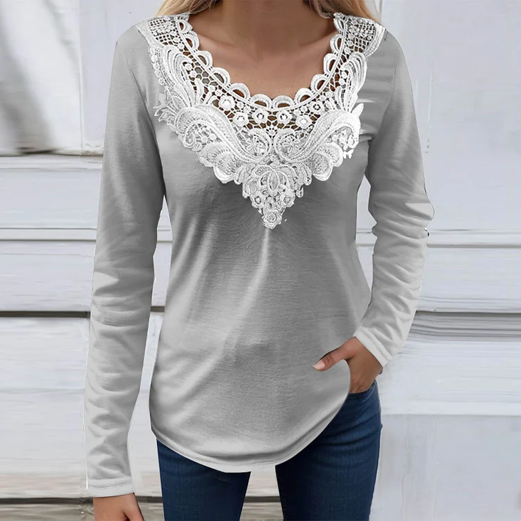 Utbros Solid Lace V-Neck Long Sleeved T-Shirt
