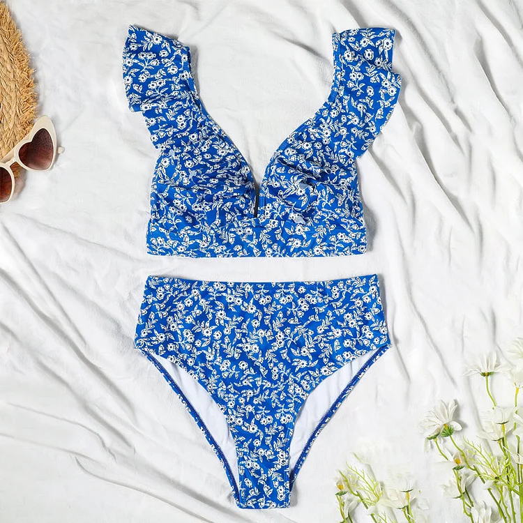 Flaxmaker Sexy Bowknot Floral Printed  Bikini Swimsuit