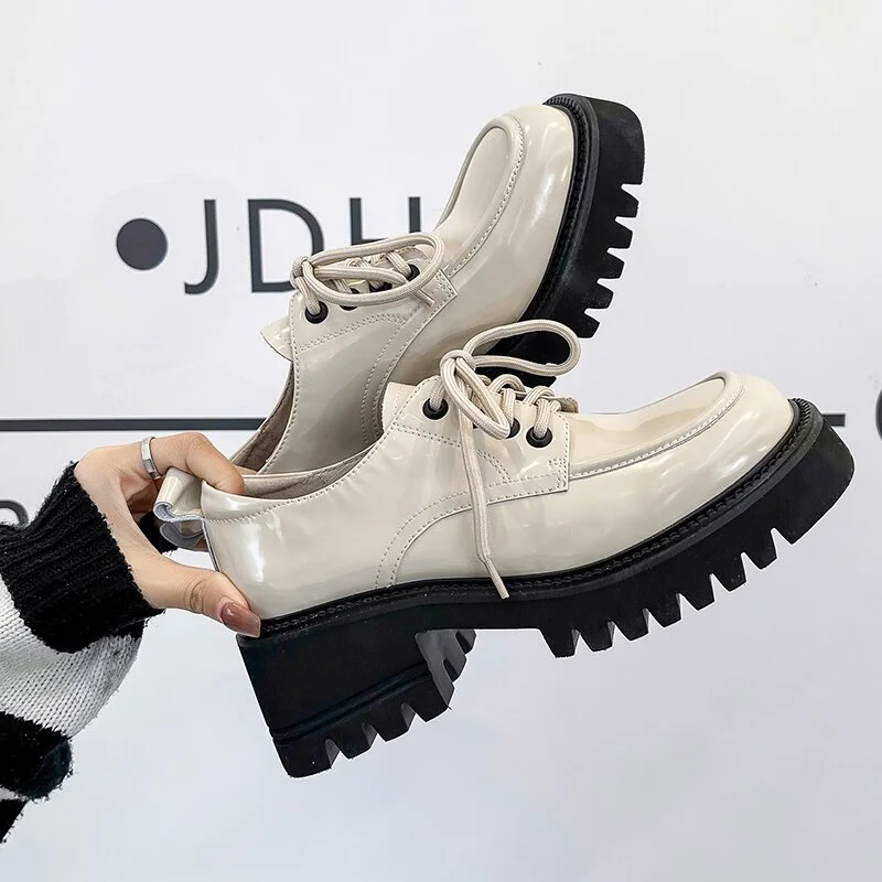 Qengg loafers women platform shoes Small Leather Shoes Female 2022 Wild Thick High Heel Retro Work Shoes Spring Low Single Shoe