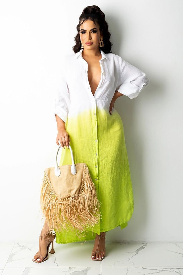 Slit Shirt Dress Contrast Color Maxi Dresses