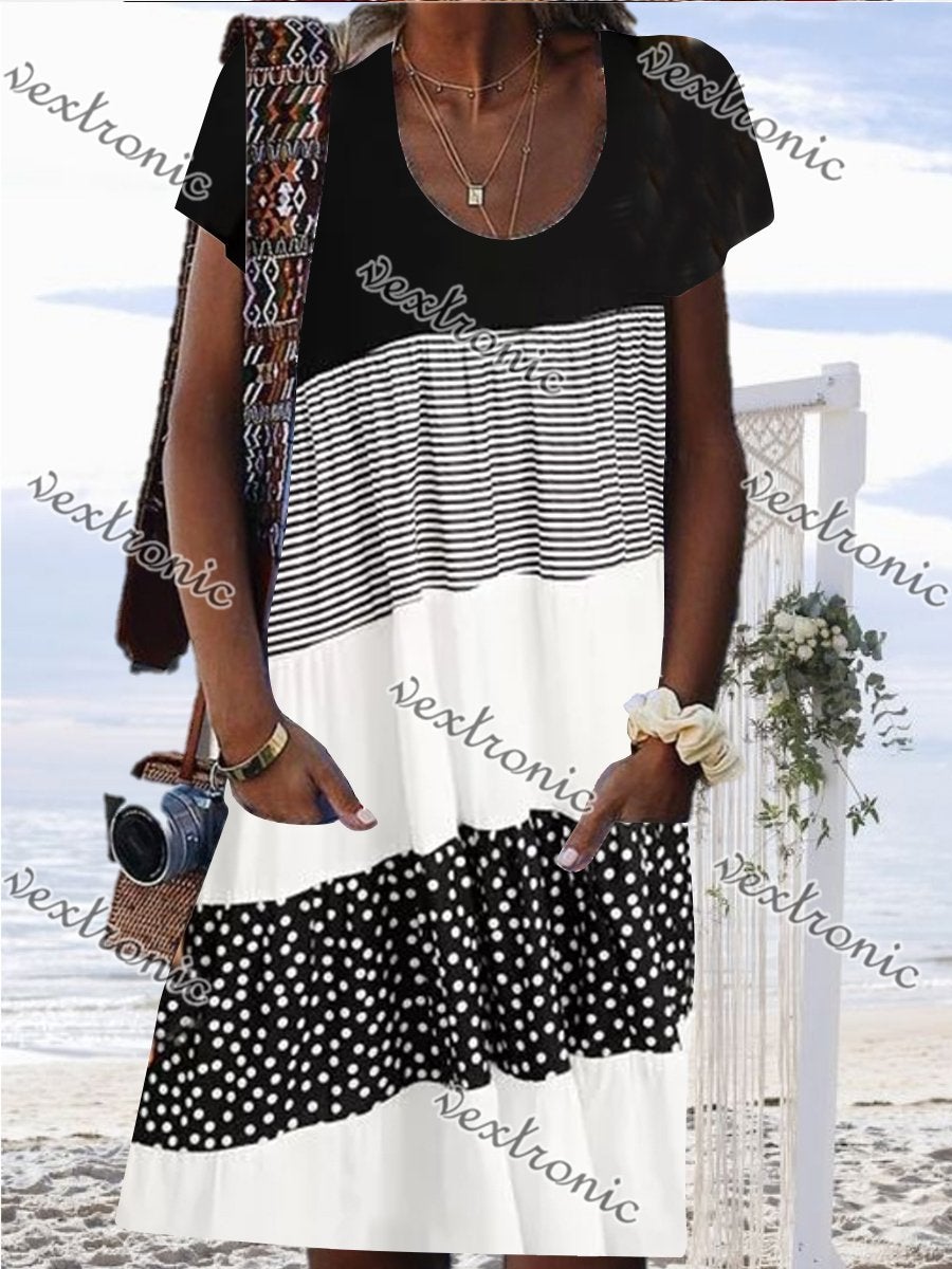 Women U-neck Short Sleeve Striped Polka Dot Midi Dress with Pockets