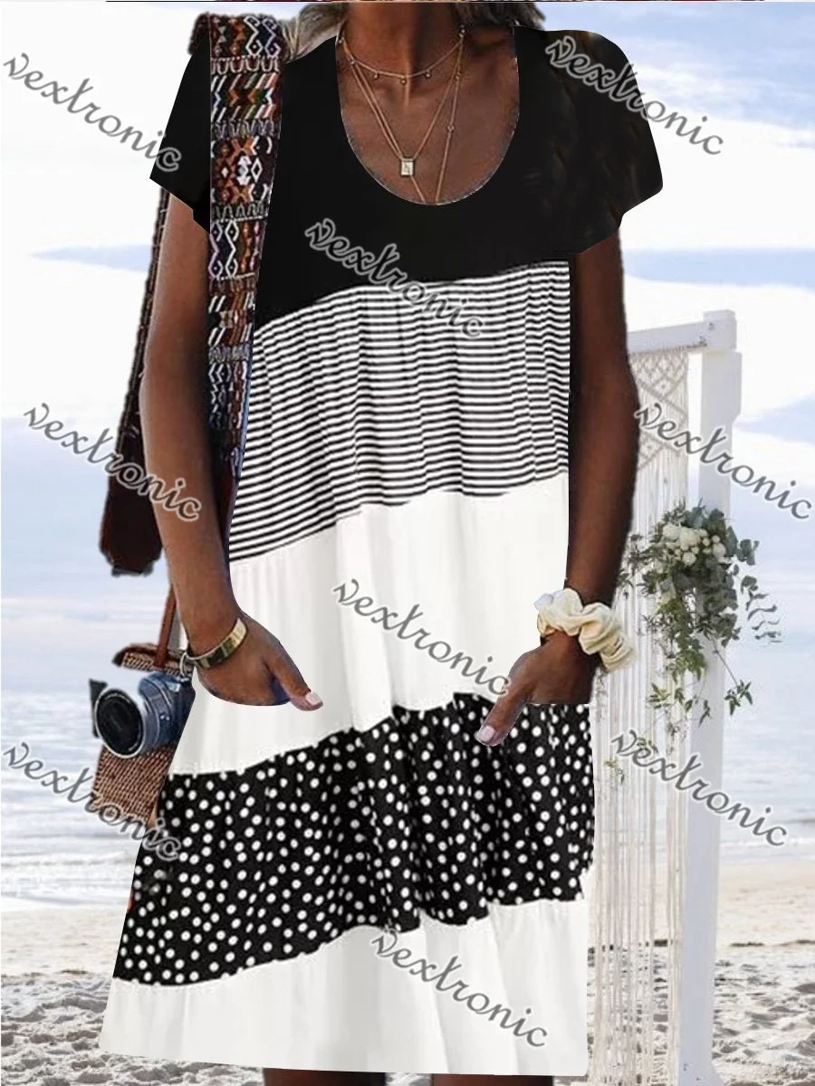 Women U-neck Short Sleeve Striped Polka Dot Midi Dress with Pockets