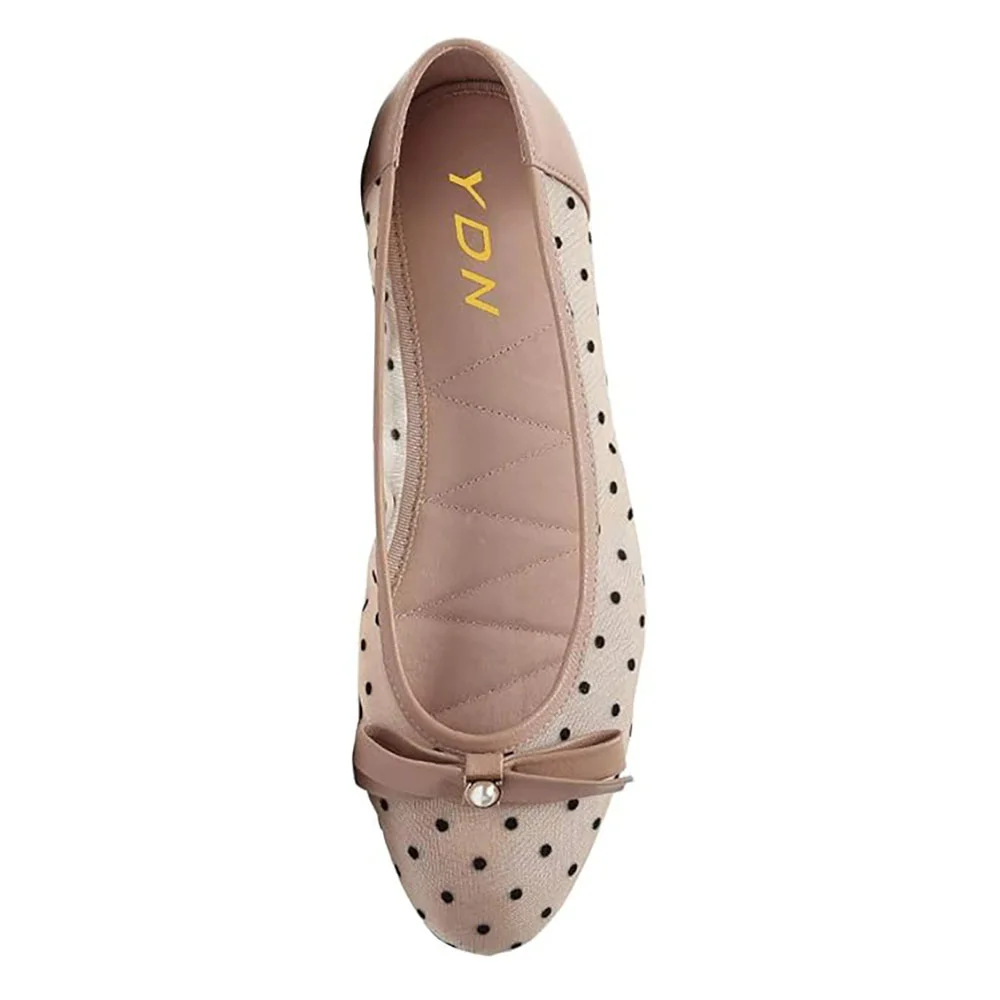 Mesh Round Toe Polka Dot Pearl Bow Flat Shoes for Women in Nude