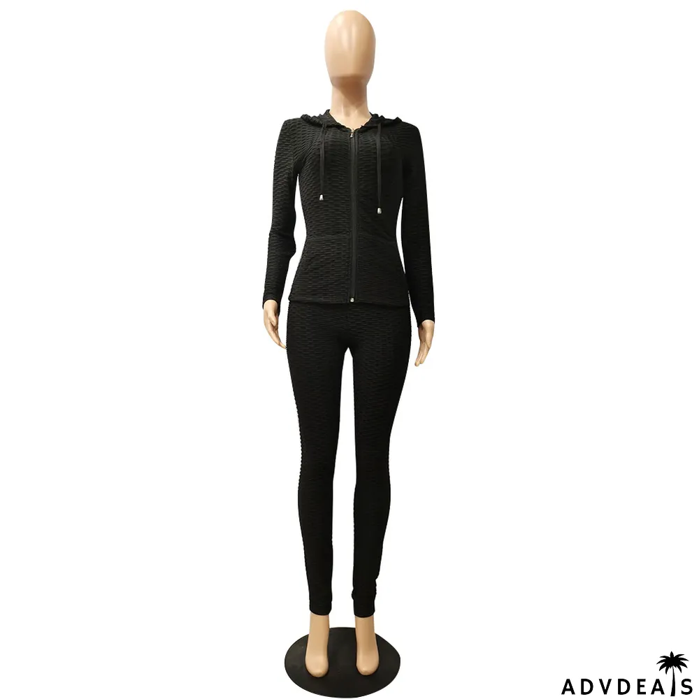 Solid Hooded Long Sleeve Zipper 2 Piece Pants Set