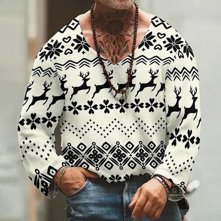 Christmas Casual Printed V-neck Sweater