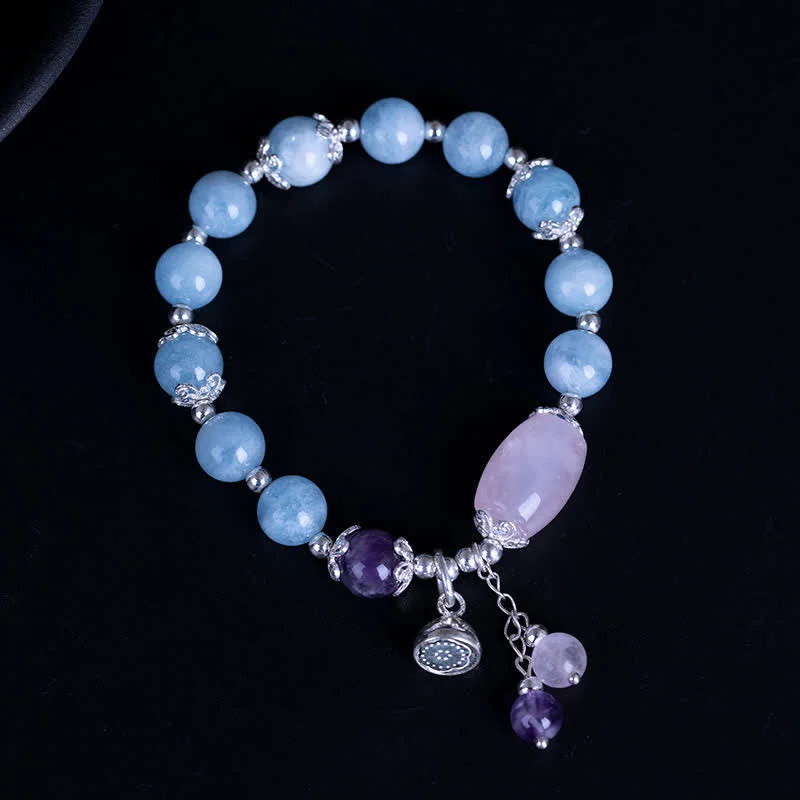 925 Sterling Silver Natural Aquamarine Amethyst Lotus Healing Charm Bracelet