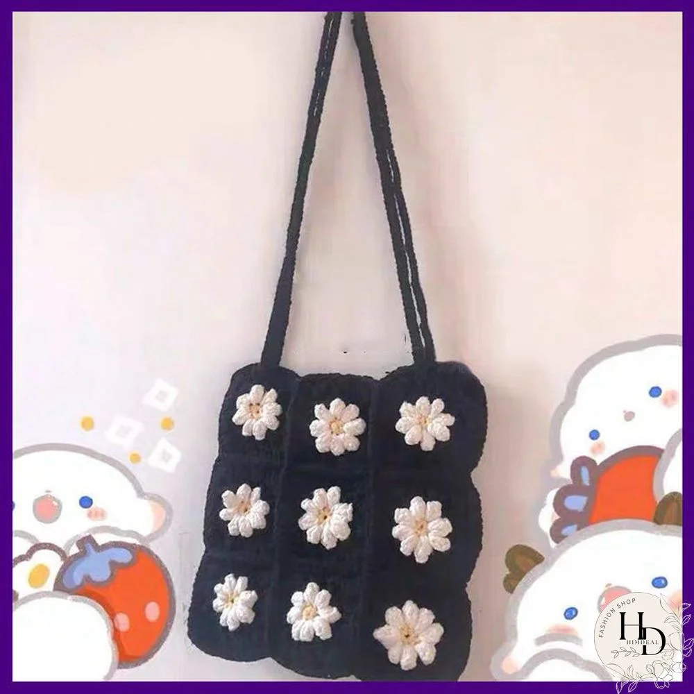 Multi Colors Hand Woven Knit Summer Sunflower Daisy Flowers Tote Bag