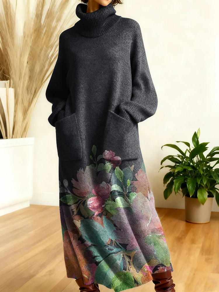 Women's Retro Flowers Geometric Patchwork High-neck Long-sleeve Casual Loose Knit Dress