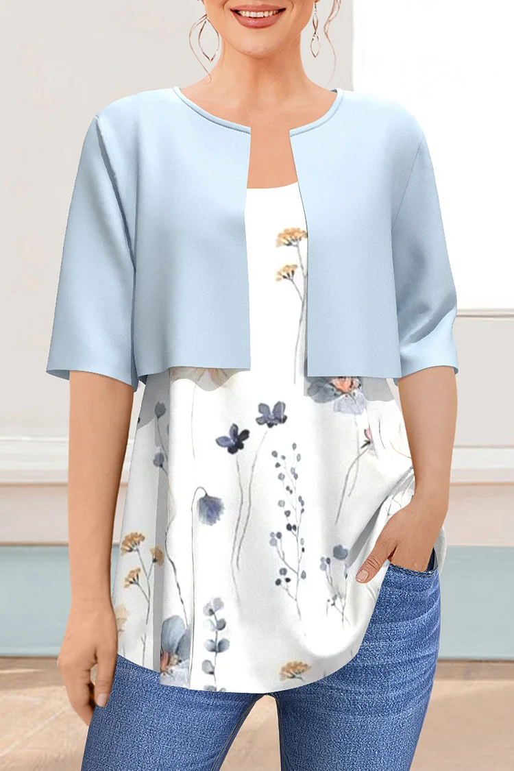Flycurvy Plus Size Casual White Floral Print Jacket Two Pieces Blouse  Flycurvy [product_label]