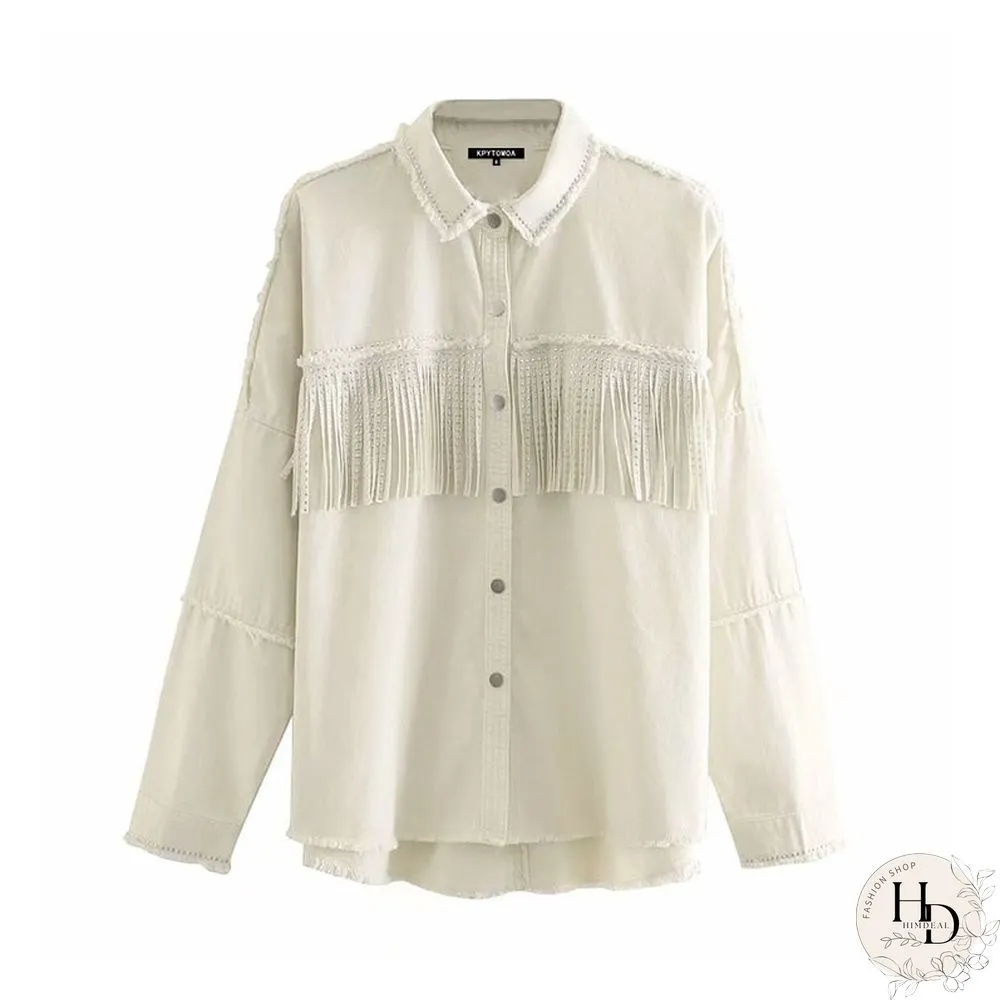 Womens Fashion Tassel Beaded Oversized Denim Jacket Coat Vintage Long Sleeve Frayed Hem