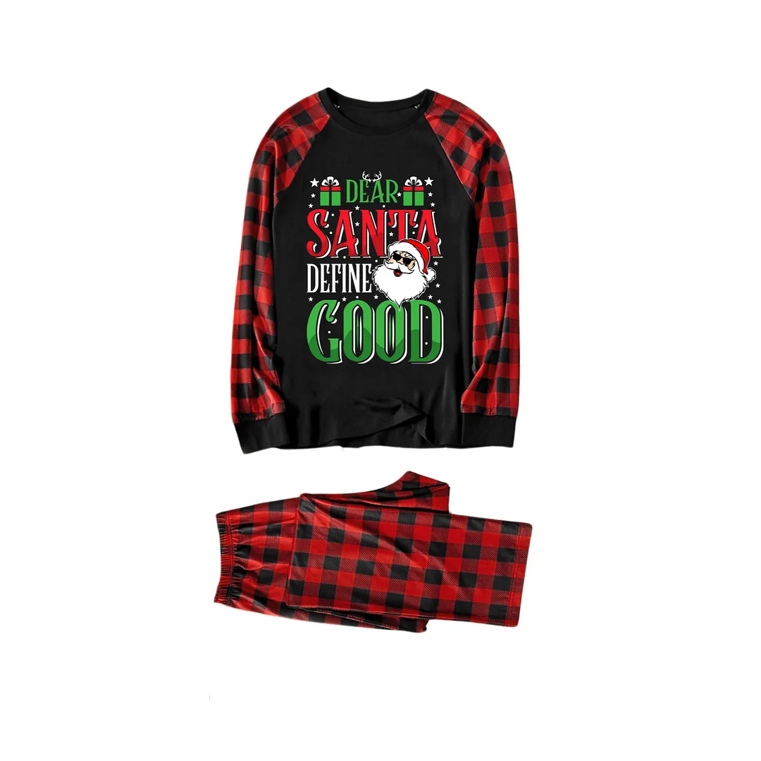 "Dear Santa Define Good" Slogan Printed Black and Red Plaid Christmas Matching Pajamas