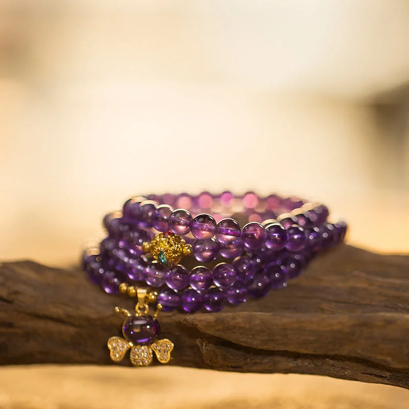 Meditation 108 Beads Amethyst Bee Calm Bracelet Mala