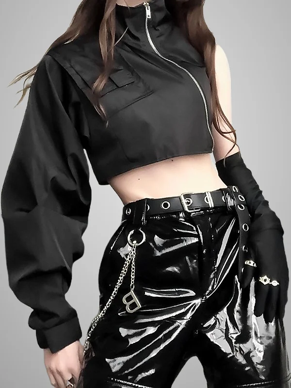 Goth Midriff-baring Zipper Paneled Hoodies