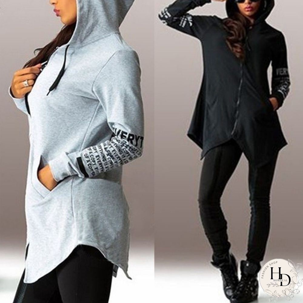 Women Fashion Letter Print Long Sleeve Hooded Coats Ladies V-neck Zipper Irregular Hem