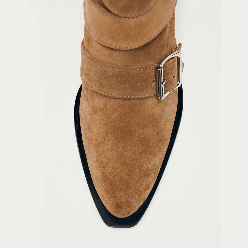 Tan Vegan Suede Slip On Low Block Heel Short Pointed Toe Boots