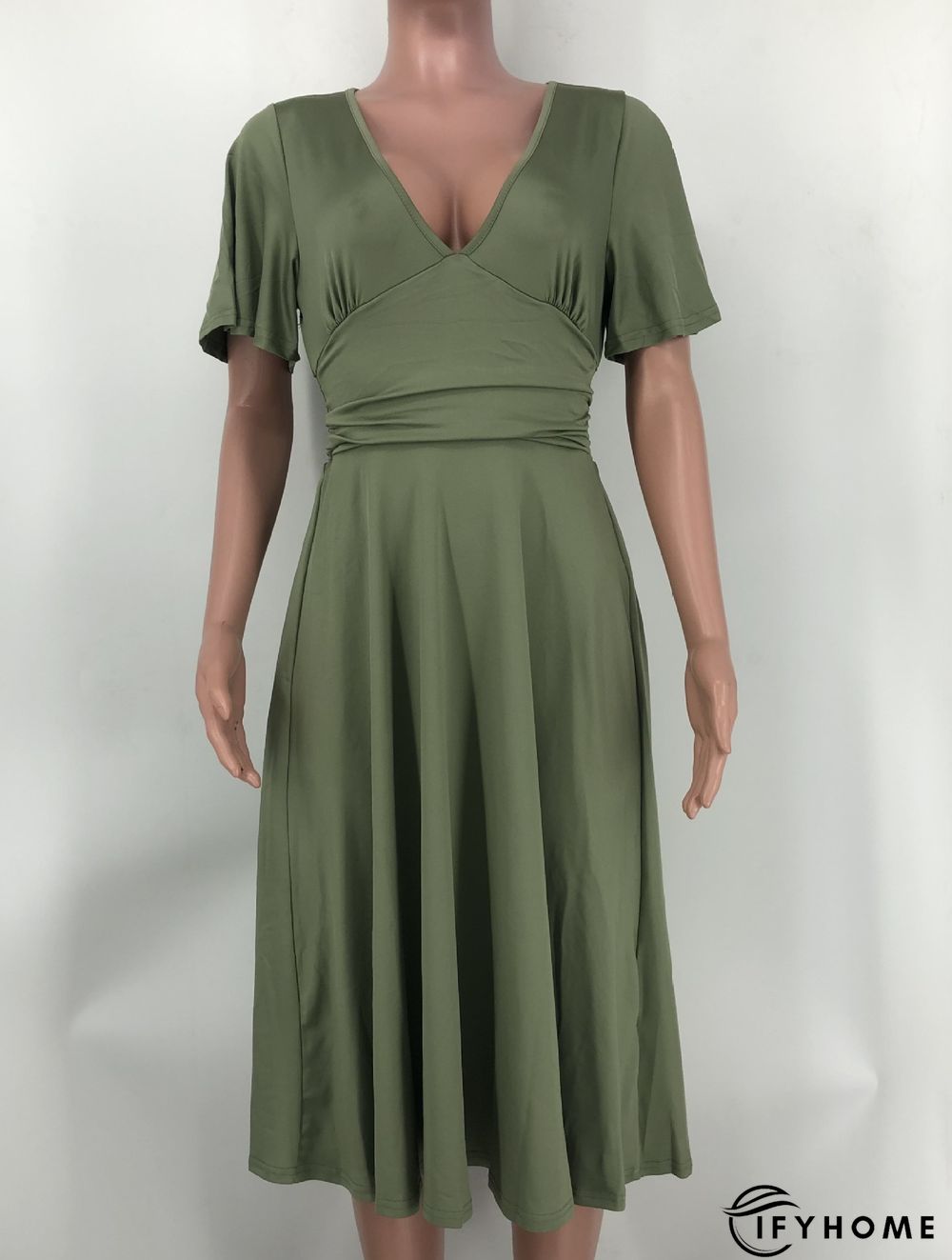 Fashion Solid Color V-neck Short-sleeved Waist Pleated Dress | IFYHOME