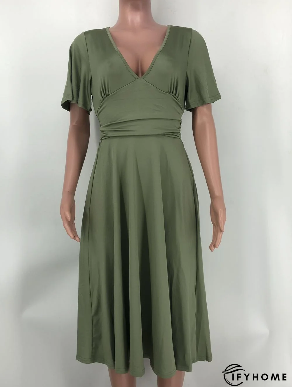 Fashion Solid Color V-neck Short-sleeved Waist Pleated Dress | IFYHOME