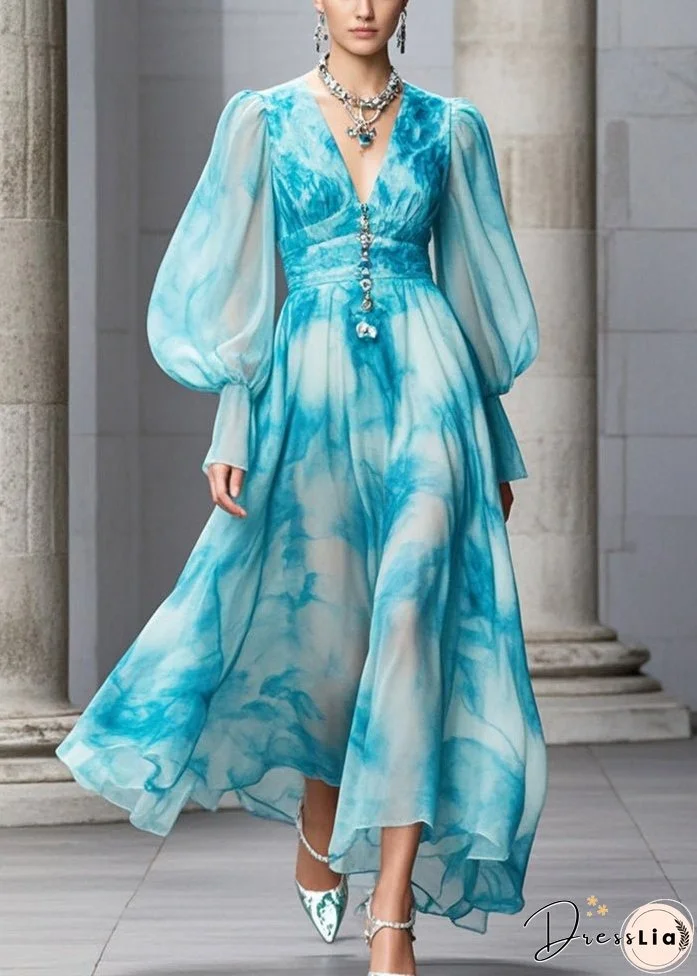 Women Blue V Neck Tie Dye Chiffon Maxi Dresses Fall