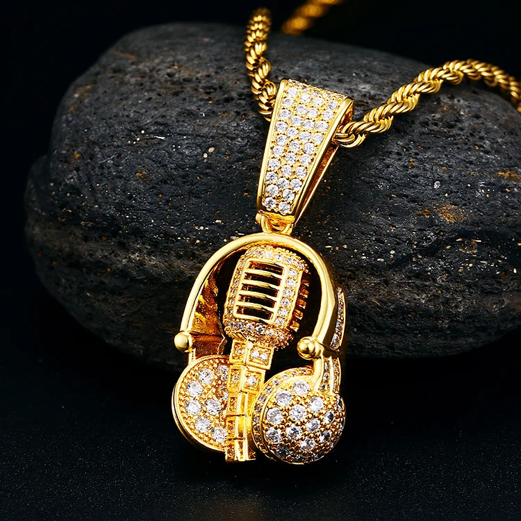 Iced Out Rock Music Headphone Microphone Pendant Hip Hop Necklace-VESSFUL