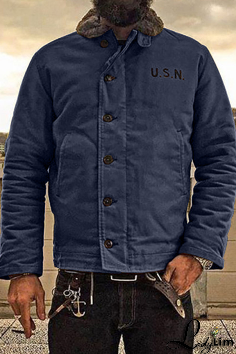 Black Fashion Casual Letter Pocket Buckle Turndown Collar Outerwear