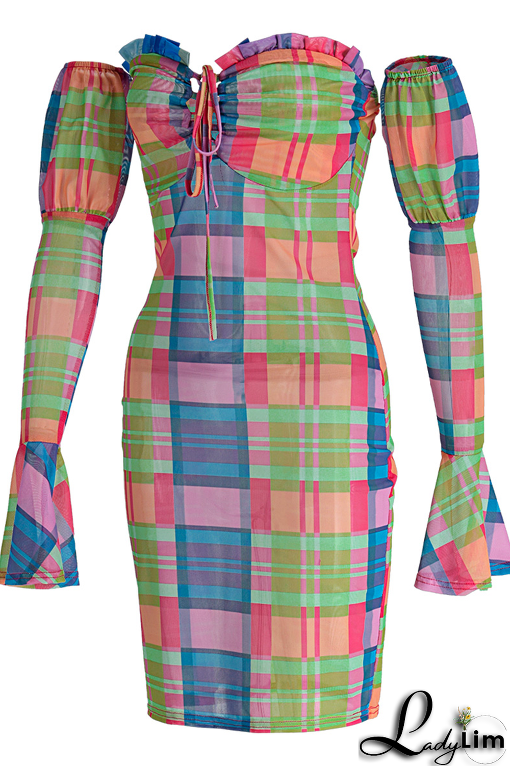 Blue Sexy Plaid Split Joint Off the Shoulder Pencil Skirt Dresses