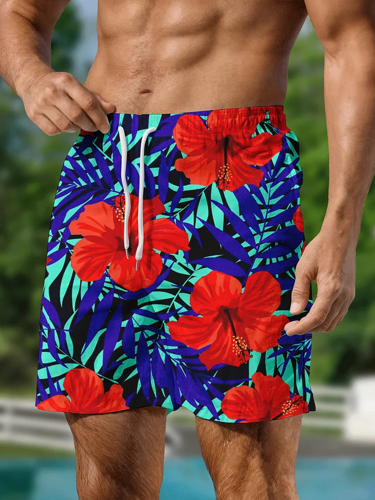 Men's Tropical Flowers Plants Hawaii Vacation Art Print Drawstring Shorts