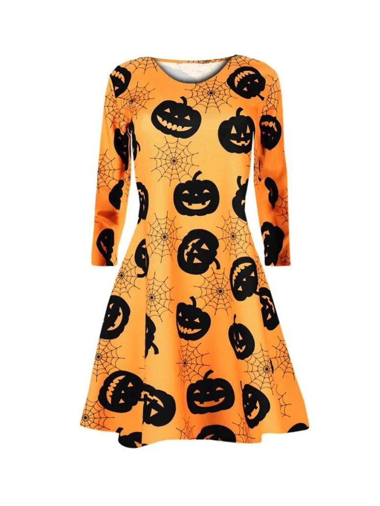 Halloween Costume Long Sleeve O-line Pumpkins Skull Pattern Swing Dress