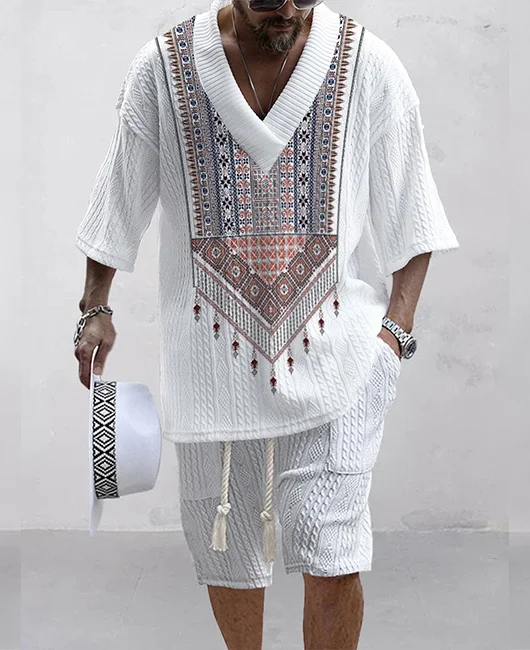 Ethnic Graphic Jacquard V Neck Sweater & Shorts 2Pcs Set 
