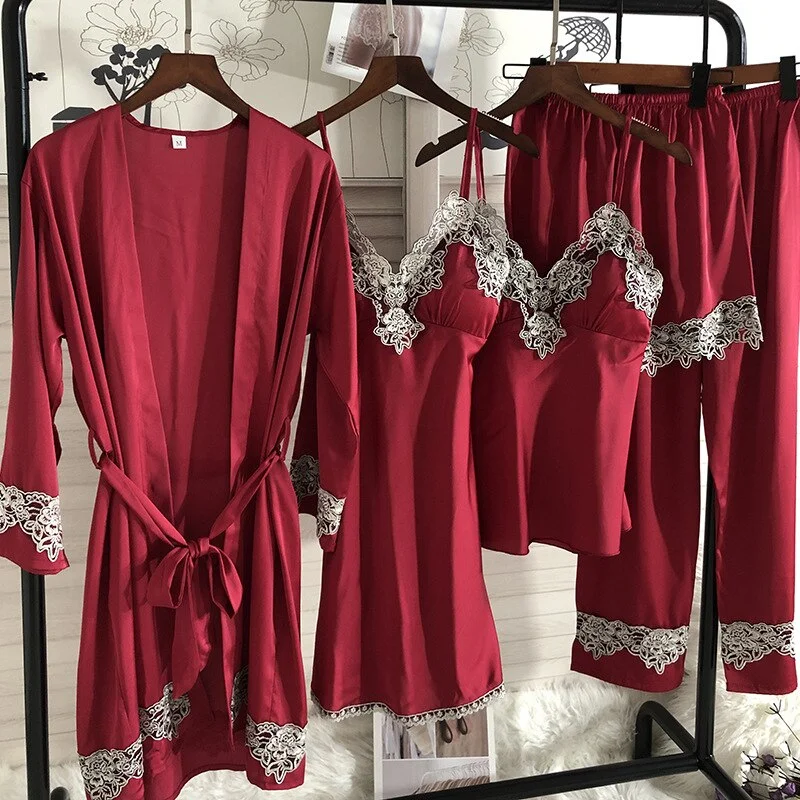White Lace Bride Wedding Robe 5PCS Sleepwear Set  Lace Trim Bathrobe Gown Nightdress Women Lot Satin Home Wear Loungewear