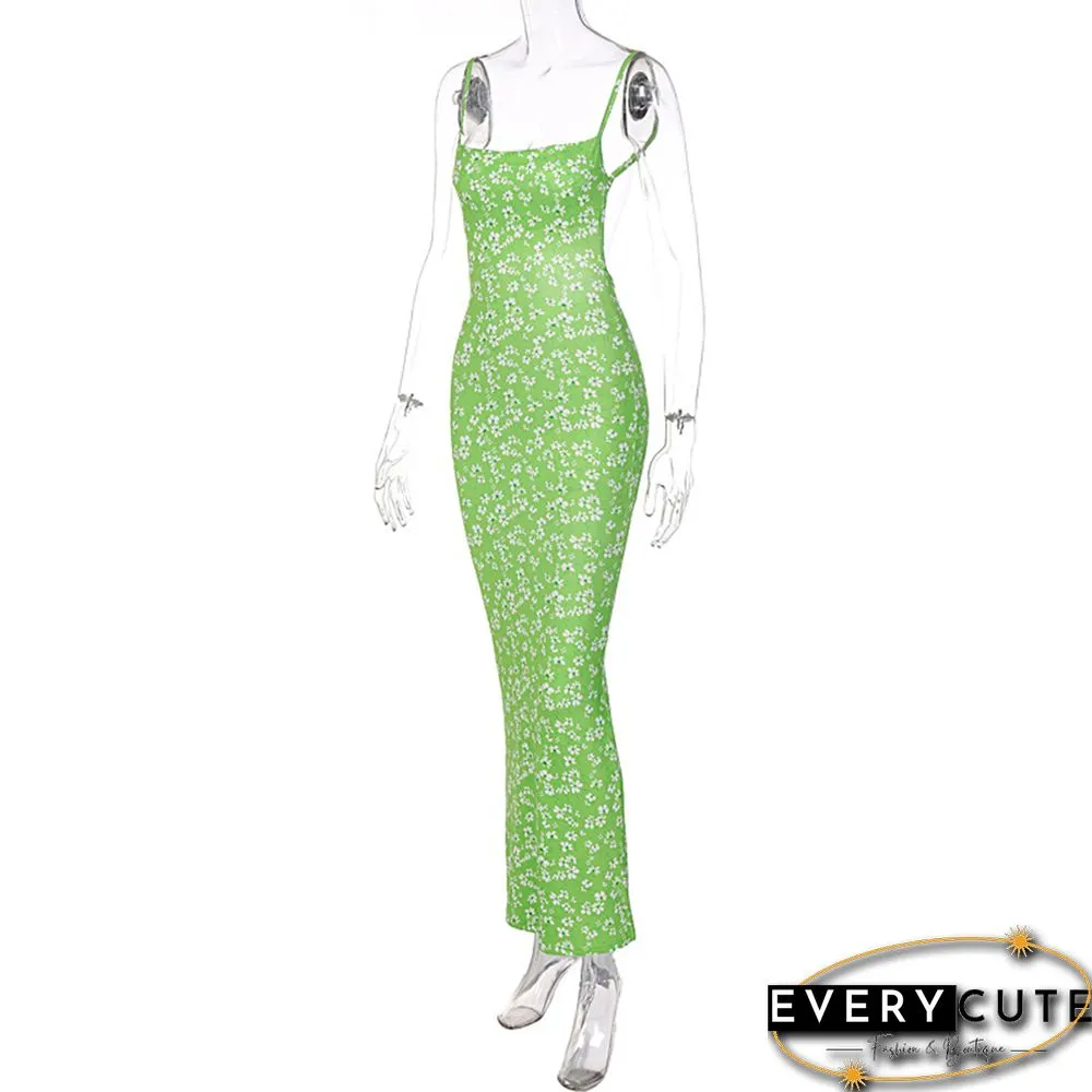 Green Backless Spaghetti Straps Floral Dress