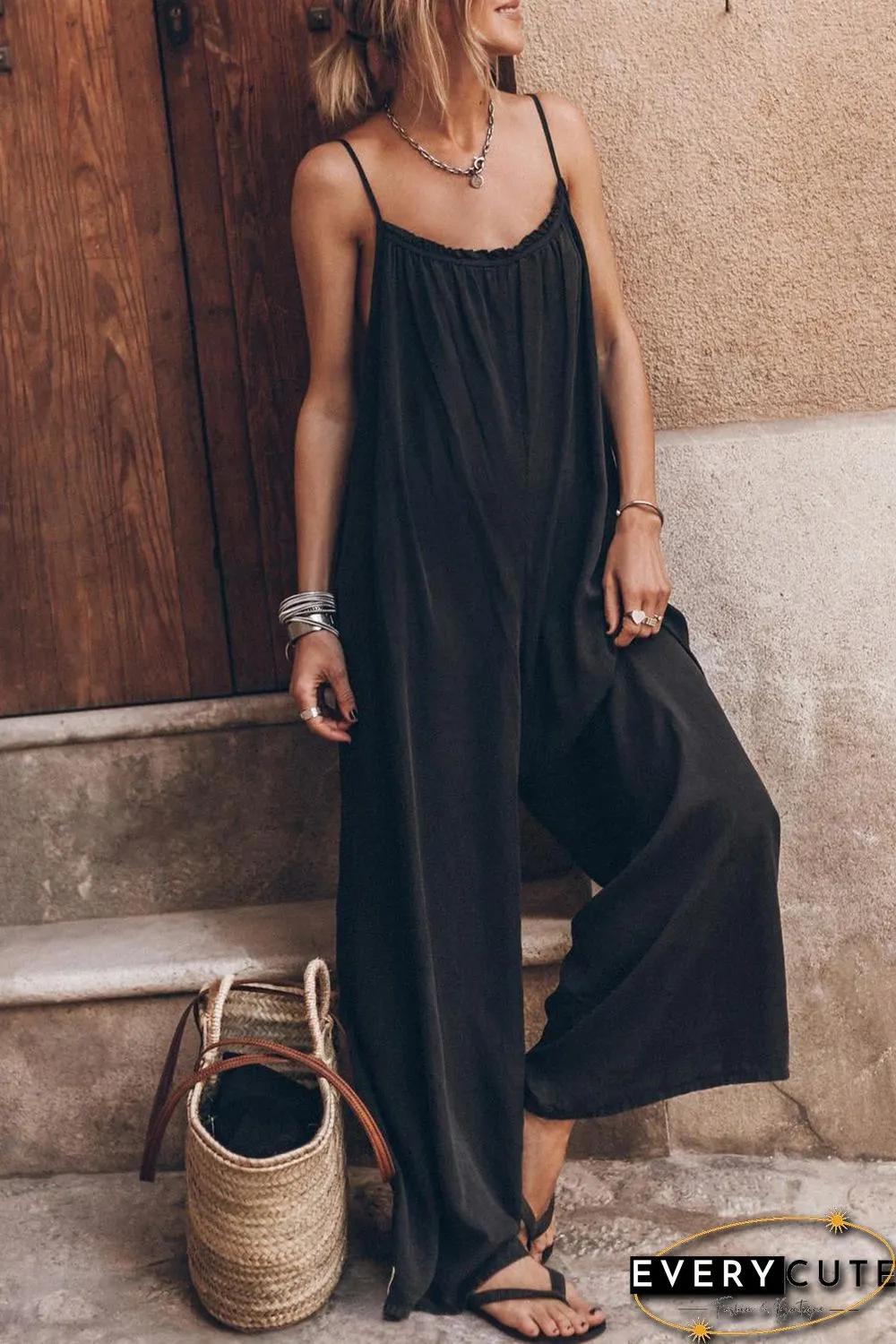 Black Frilled Neckline Backless Wide Leg Jumpsuit