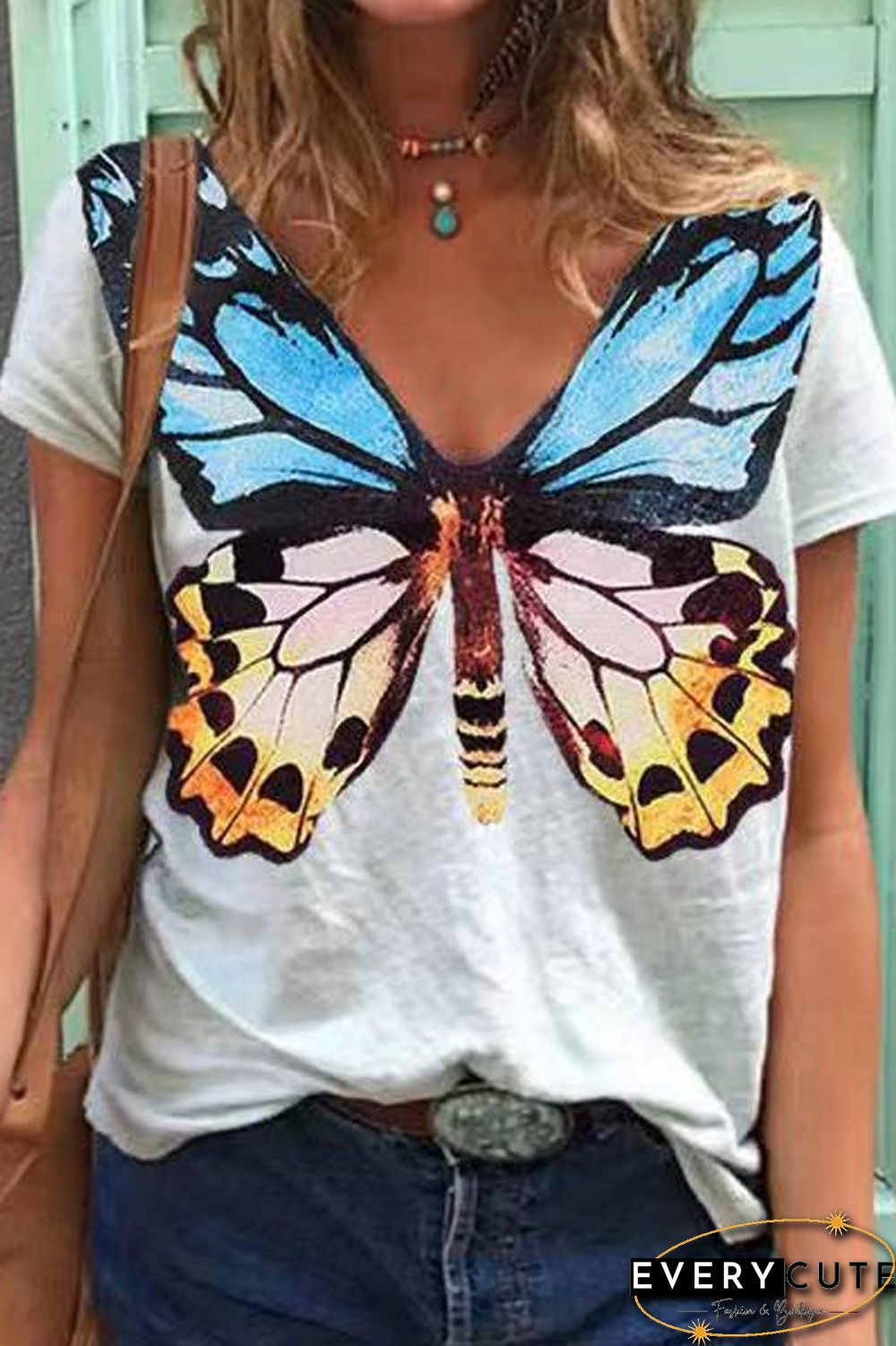 Butterfly Print V-Neck Casual T-Shirt