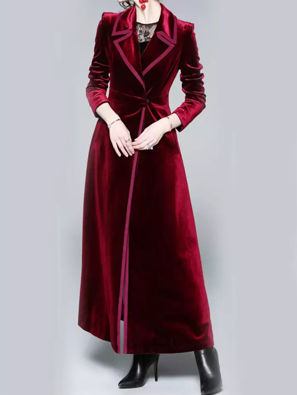 Elegant Lapel Button Pockets Long Velvet Trench Coat