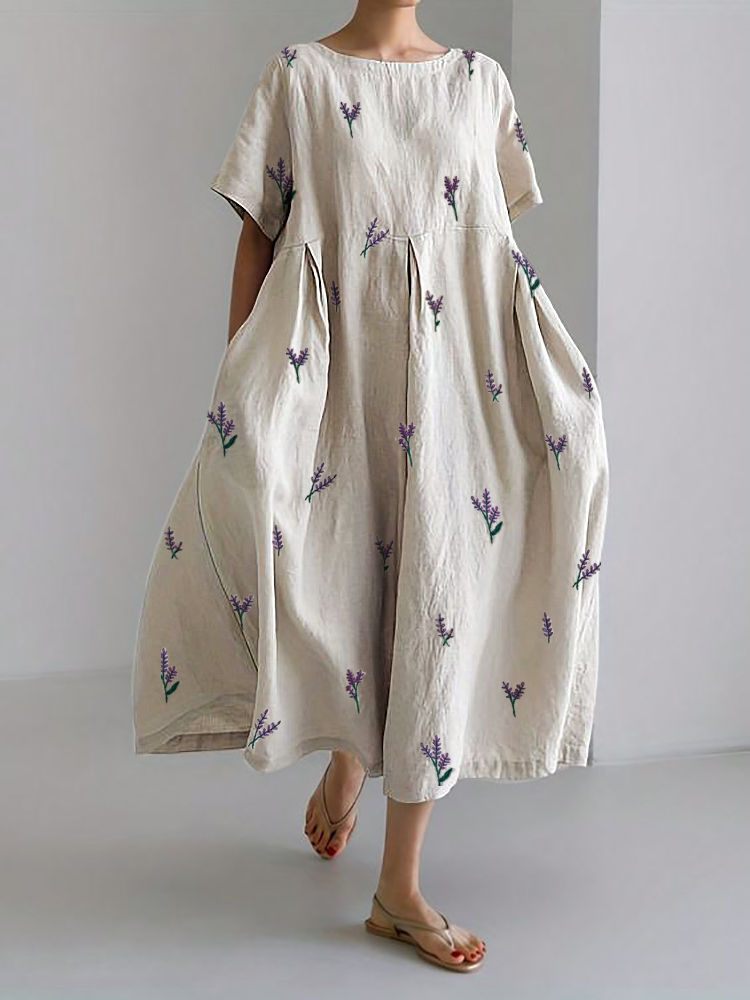 Comstylish Lavender Floral Embroidery Pattern Linen Blend Maxi Dress