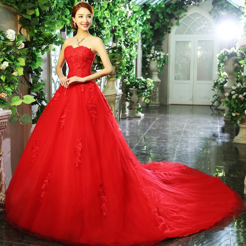 Red Sweetheart Neck Lace Long Prom Dress SP16272
