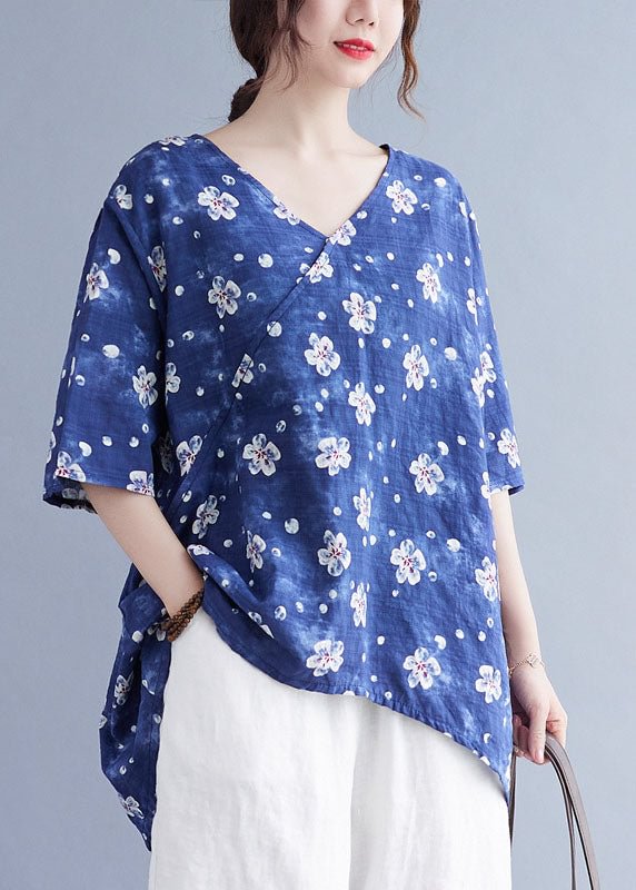 French Blue V Neck Print asymmetrical design Fall Half Sleeve Shirt Top CK1896- Fabulory