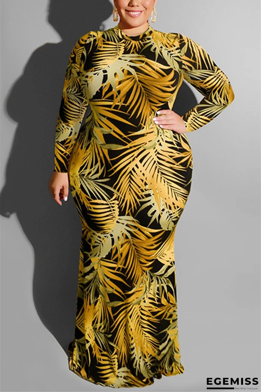 Yellow Large Size Tight Sexy Leaf Print Dress | EGEMISS