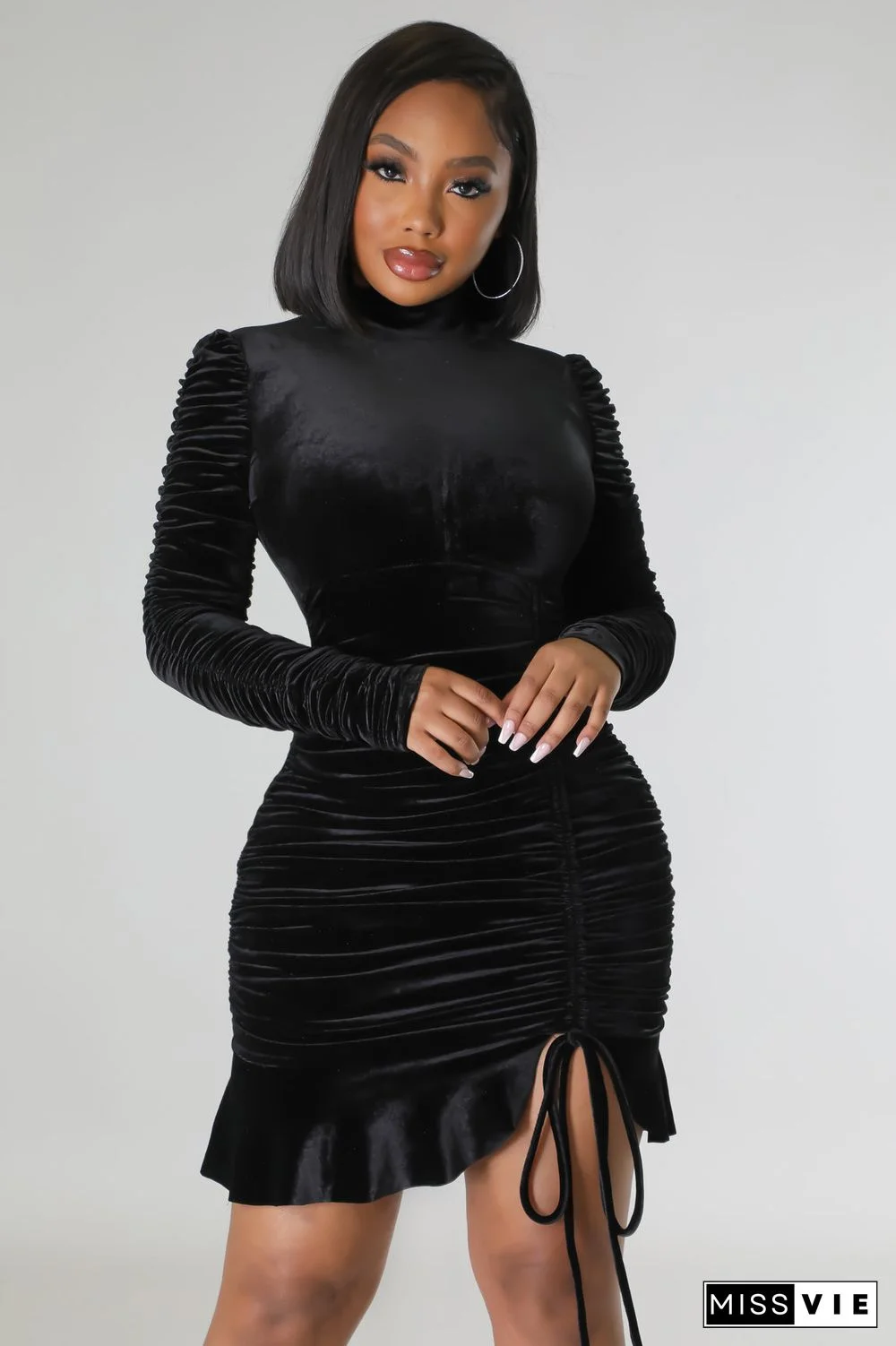Long Sleeve Drawstring Ruched Winter Dress