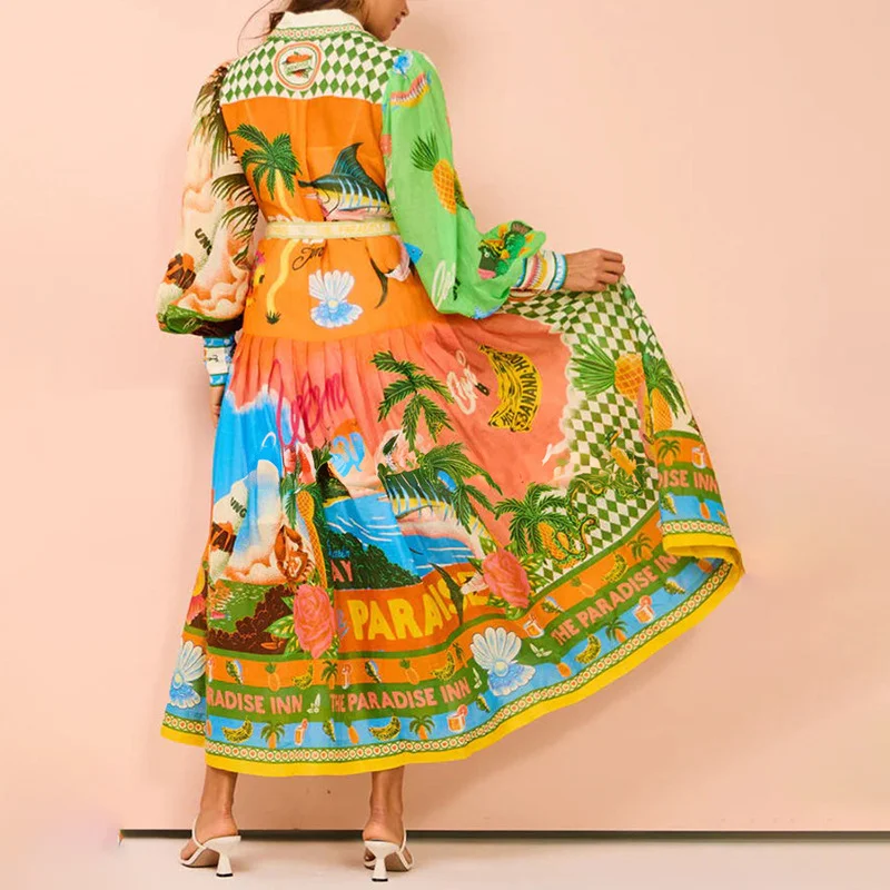 Uveng Uveng Women's Temperament Print Lantern Sleeve Belt Shirt Big Hem Dress Woman