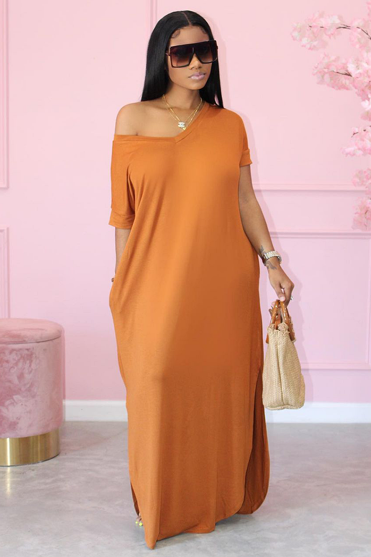 Off Shoulder Asymmetric Short Sleeve Loose Fit Plain Maxi Dresses-Pink